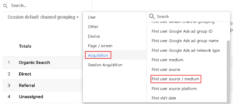 Session default channel grouping 표시 화면