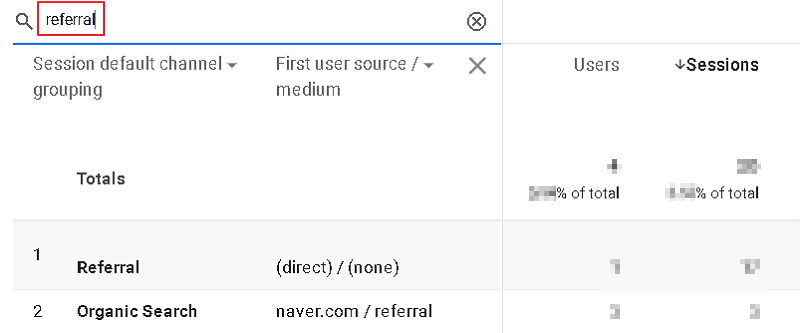 Session default channel grouping 표시 화면에서 referral 검색