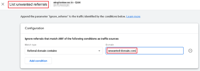 구글 애널리틱스 4 List Unwanted Referrals 설정 1