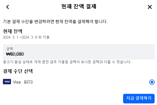 페이스북 비지니스 잔액 결제 화면